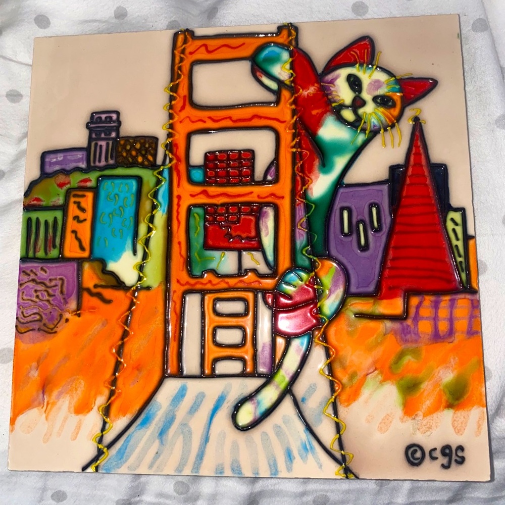 Ceramic tile cat on San Francisco bridge art